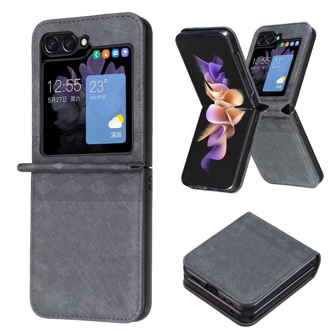 For Samsung Galaxy Z Flip5 5G PU Leather PC Phone Cover Imprinted Grid Pattern Protective Case