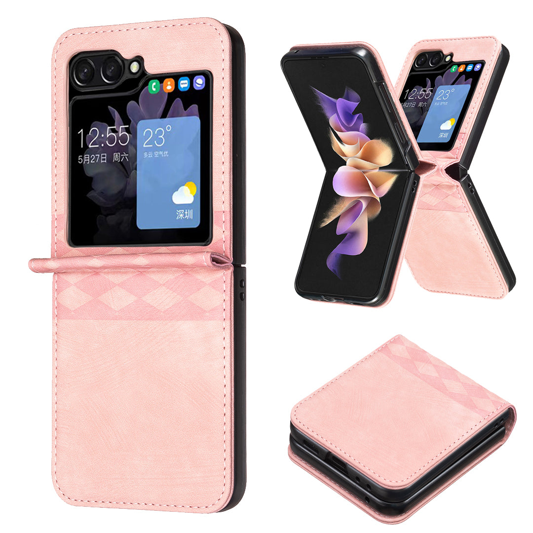 For Samsung Galaxy Z Flip5 5G PU Leather PC Phone Cover Imprinted Grid Pattern Protective Case