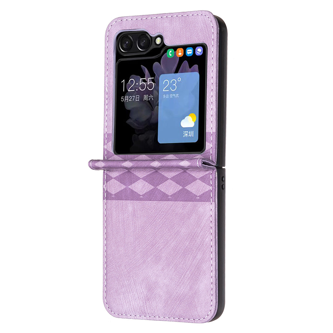 For Samsung Galaxy Z Flip5 5G PU Leather PC Phone Cover Imprinted Grid Pattern Protective Case