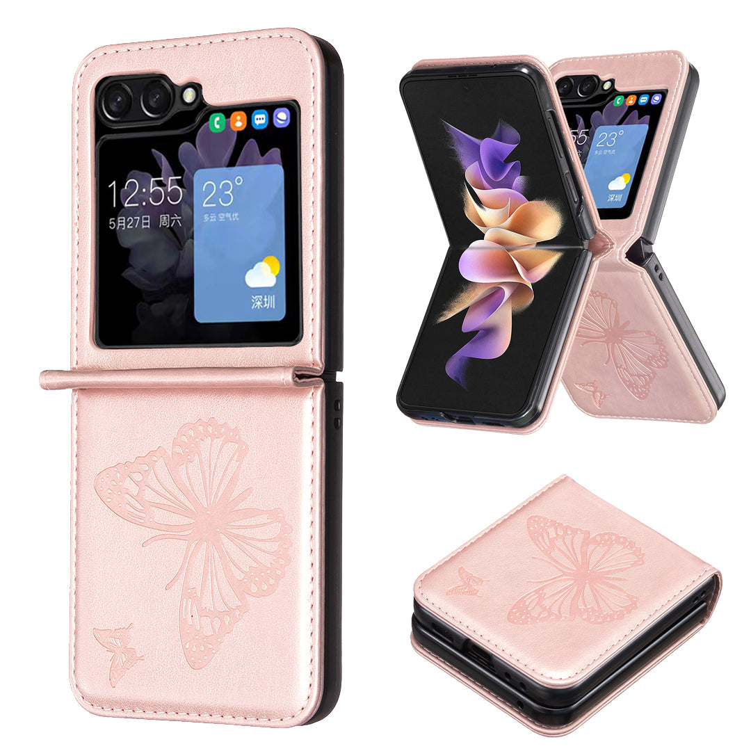 For Samsung Galaxy Z Flip5 5G PU Leather PC Phone Case Butterfly Pattern Imprinted Shockproof Cover