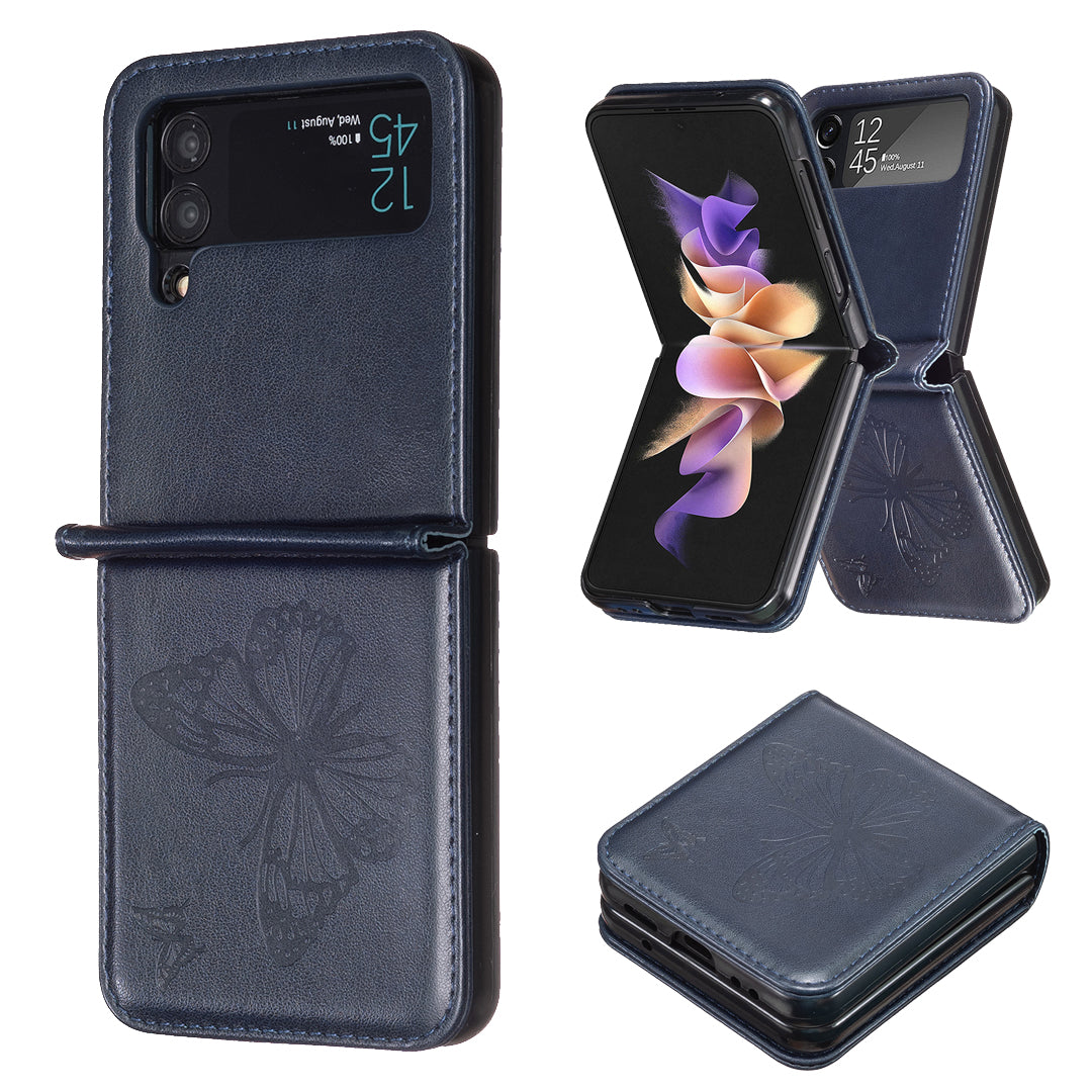 For Samsung Galaxy Z Flip3 5G PU Leather Hard PC Protective Cover Butterfly Pattern Imprinted Phone Case