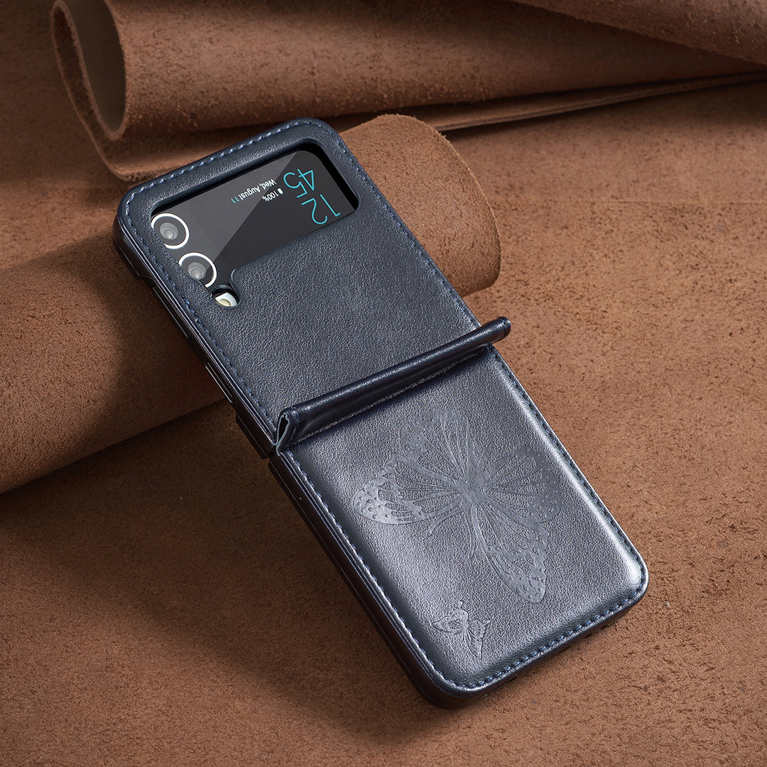 For Samsung Galaxy Z Flip3 5G PU Leather Hard PC Protective Cover Butterfly Pattern Imprinted Phone Case