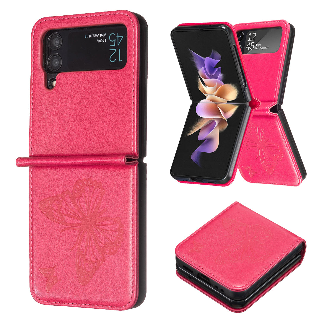 For Samsung Galaxy Z Flip3 5G PU Leather Hard PC Protective Cover Butterfly Pattern Imprinted Phone Case