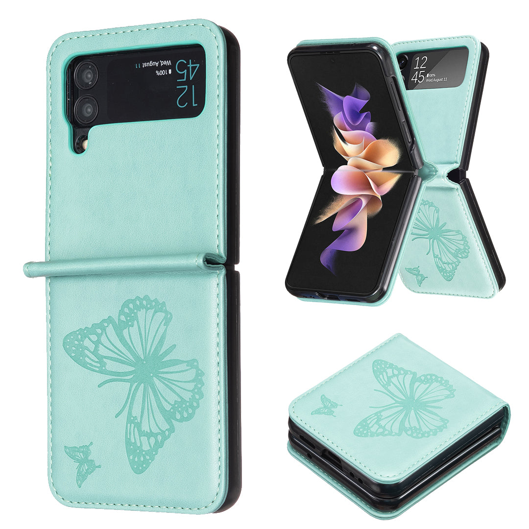 For Samsung Galaxy Z Flip3 5G PU Leather Hard PC Protective Cover Butterfly Pattern Imprinted Phone Case