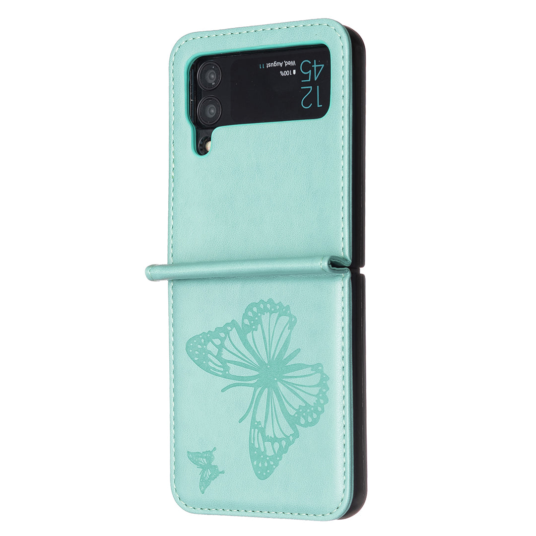 For Samsung Galaxy Z Flip3 5G PU Leather Hard PC Protective Cover Butterfly Pattern Imprinted Phone Case