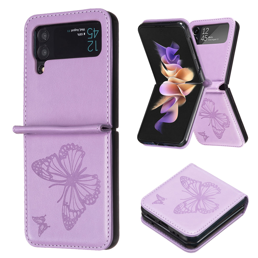 For Samsung Galaxy Z Flip3 5G PU Leather Hard PC Protective Cover Butterfly Pattern Imprinted Phone Case