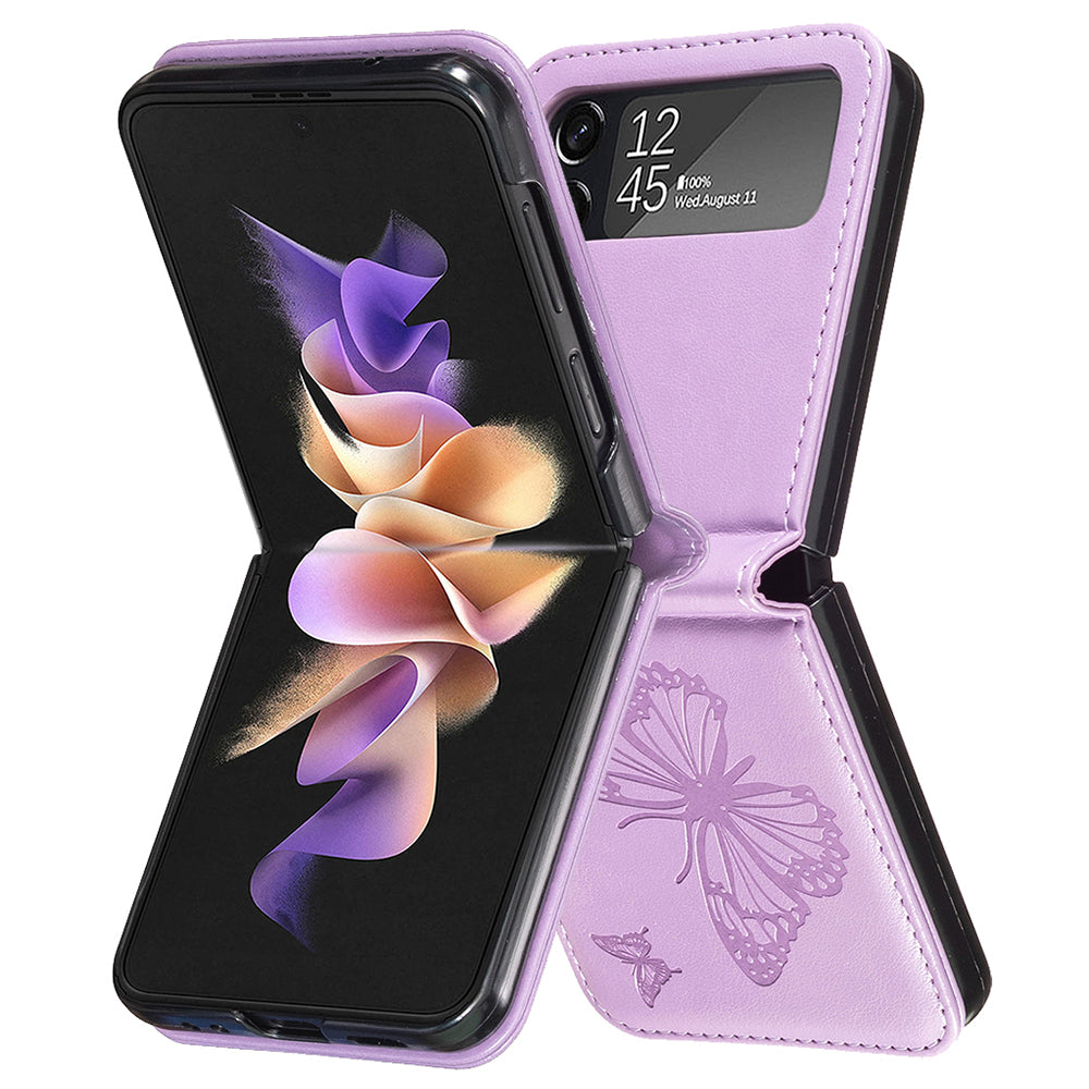 For Samsung Galaxy Z Flip3 5G PU Leather Hard PC Protective Cover Butterfly Pattern Imprinted Phone Case