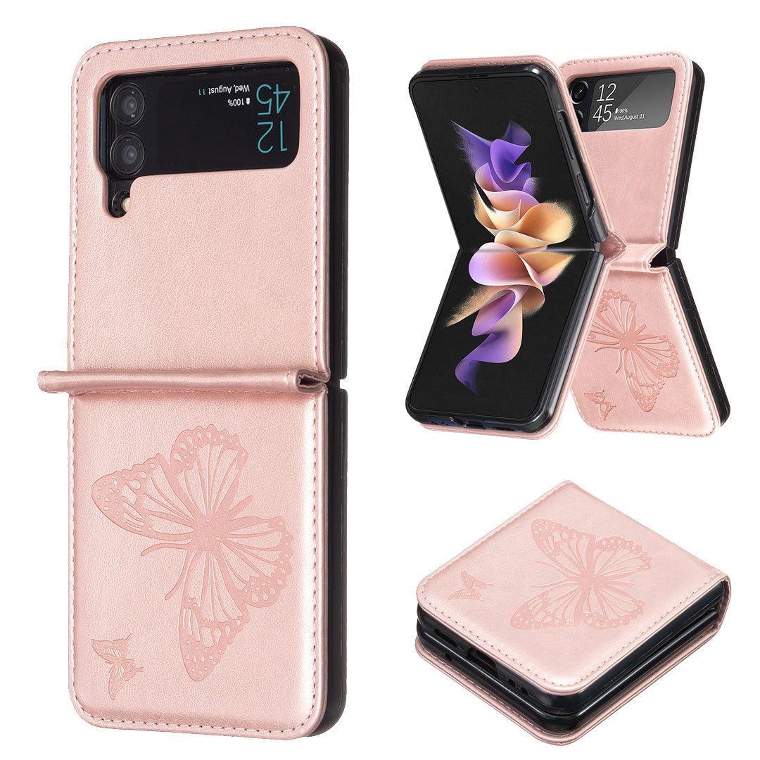 For Samsung Galaxy Z Flip3 5G PU Leather Hard PC Protective Cover Butterfly Pattern Imprinted Phone Case