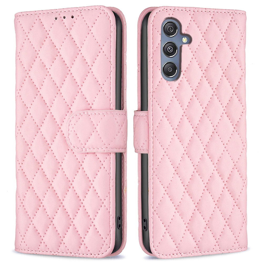 BINFEN COLOR BF Style-14 for Samsung Galaxy F34 5G M34 5G Wallet Phone Case PU Leather Imprinted Grid Stand Cover