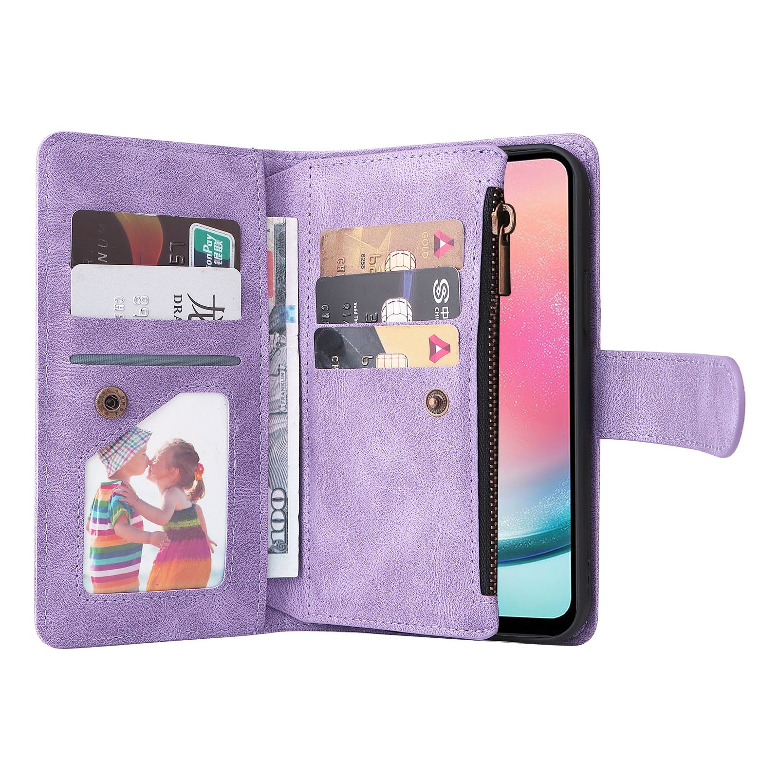 For Samsung Galaxy S23 FE Multiple Card Slots Skin-touch Phone Case Zipper Pocket Leather Wallet Stand Cover