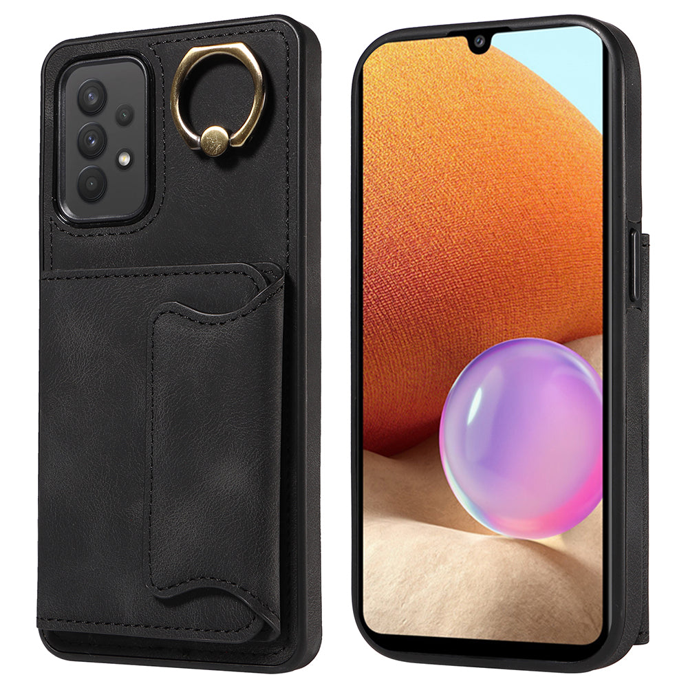 001 For Samsung Galaxy A32 4G (EU Version) PU Leather Coated TPU Phone Cover Ring Kickstand Card Holder Case