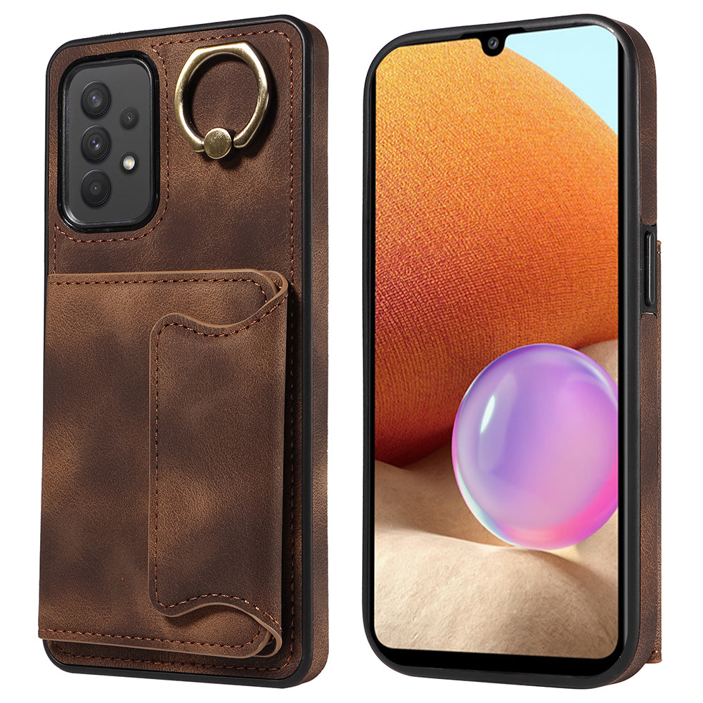 001 For Samsung Galaxy A32 4G (EU Version) PU Leather Coated TPU Phone Cover Ring Kickstand Card Holder Case
