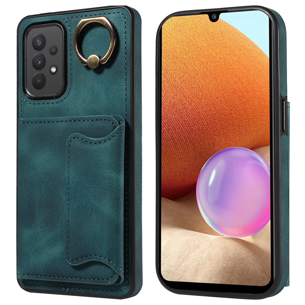 001 For Samsung Galaxy A32 4G (EU Version) PU Leather Coated TPU Phone Cover Ring Kickstand Card Holder Case
