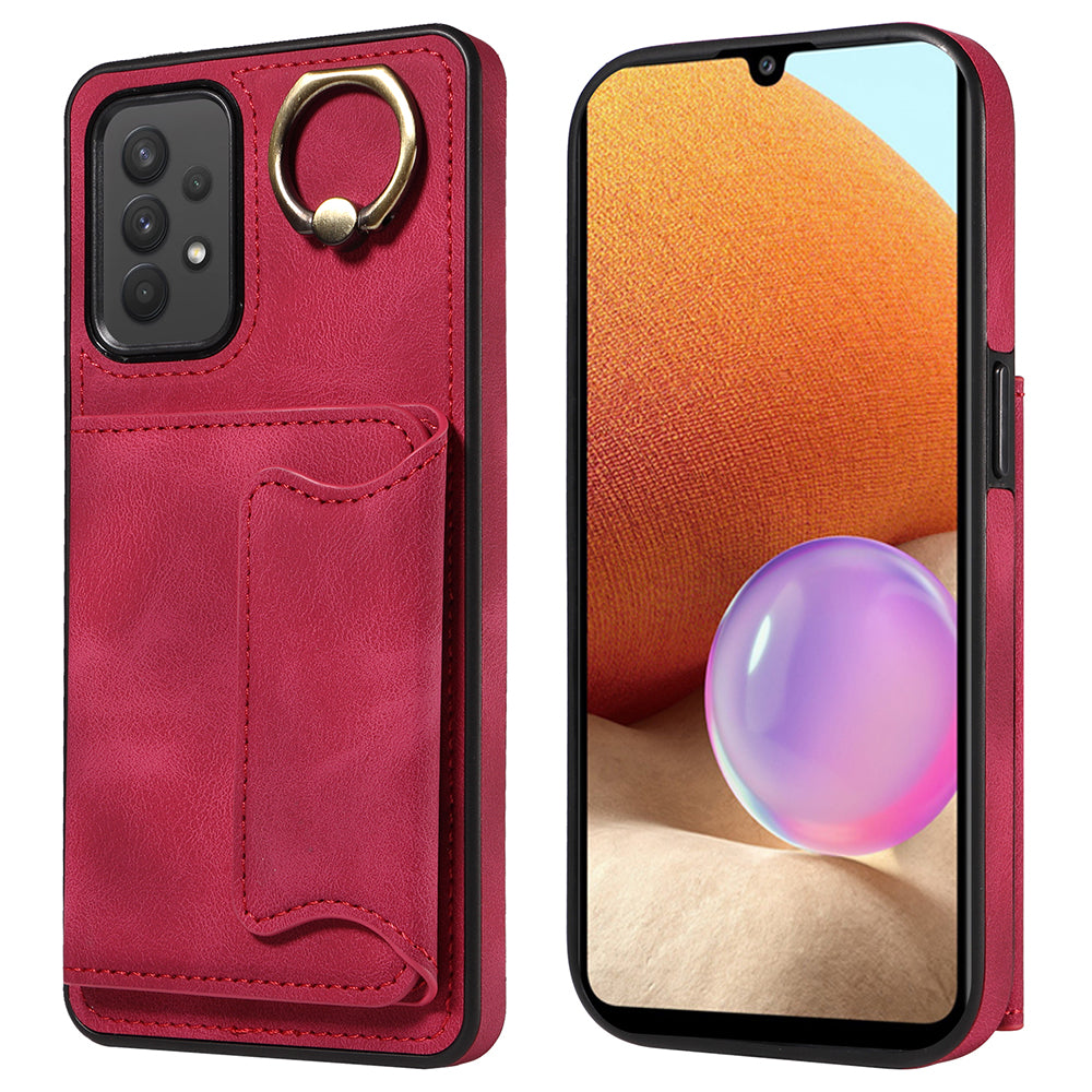 001 For Samsung Galaxy A32 4G (EU Version) PU Leather Coated TPU Phone Cover Ring Kickstand Card Holder Case