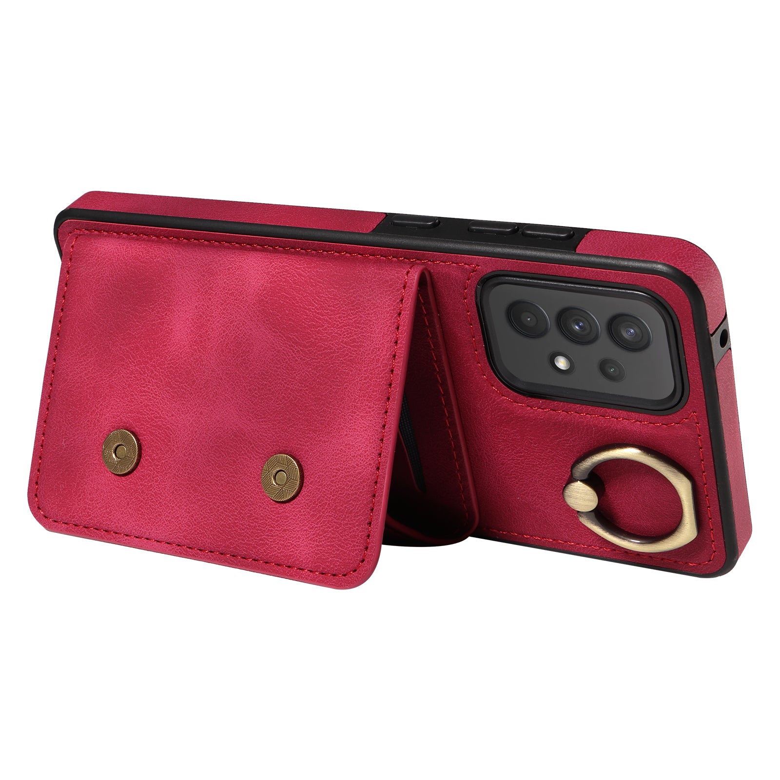 001 For Samsung Galaxy A32 4G (EU Version) PU Leather Coated TPU Phone Cover Ring Kickstand Card Holder Case