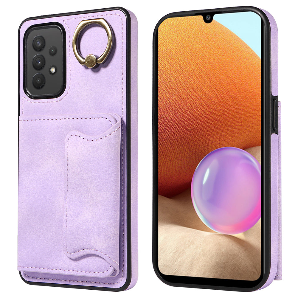 001 For Samsung Galaxy A32 4G (EU Version) PU Leather Coated TPU Phone Cover Ring Kickstand Card Holder Case