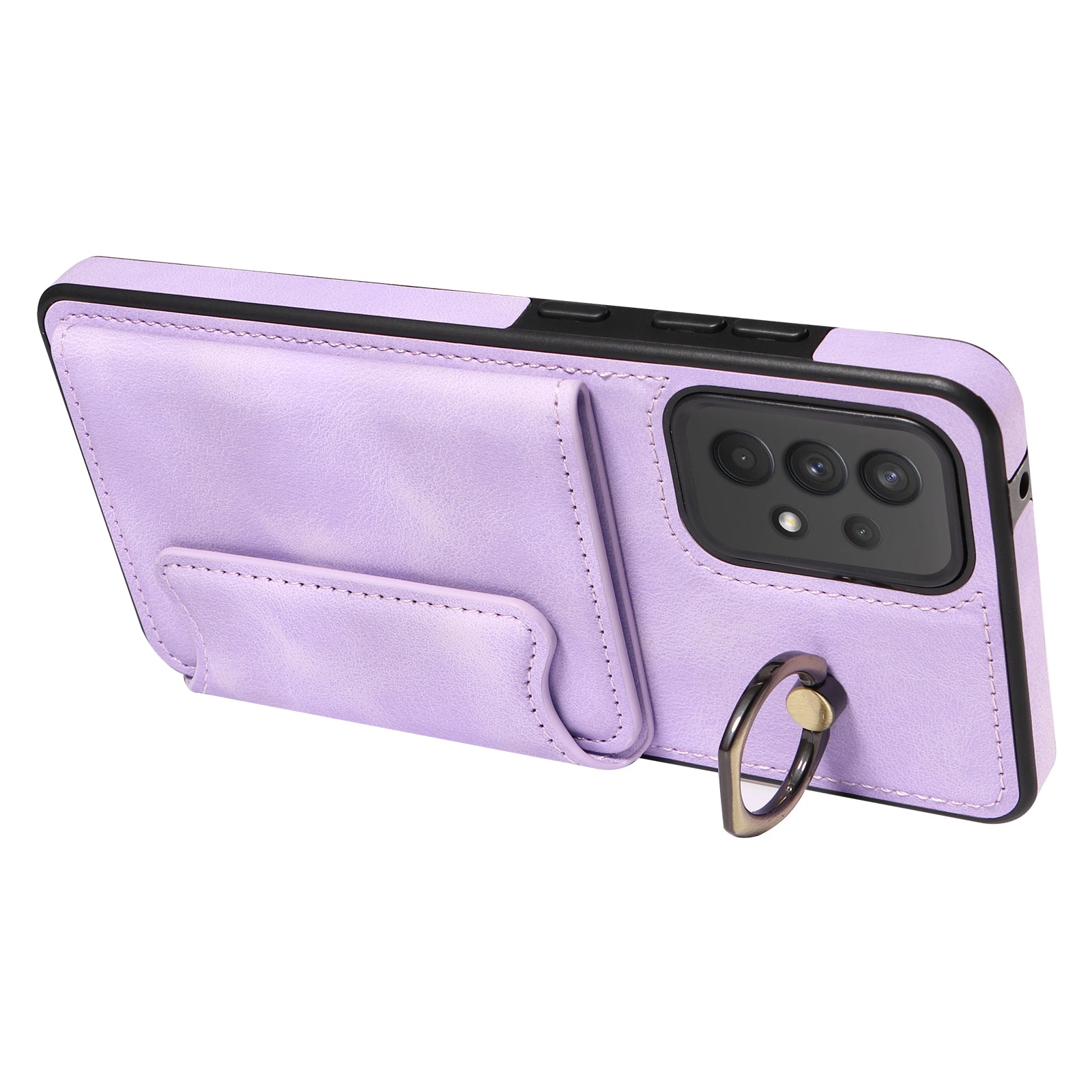 001 For Samsung Galaxy A32 4G (EU Version) PU Leather Coated TPU Phone Cover Ring Kickstand Card Holder Case