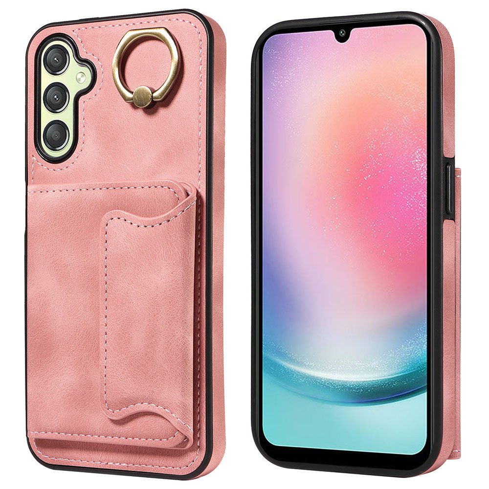 001 For Samsung Galaxy A24 4G A25 5G Card Holder Back Cover PU Leather Coated TPU Phone Case with Ring Kickstand