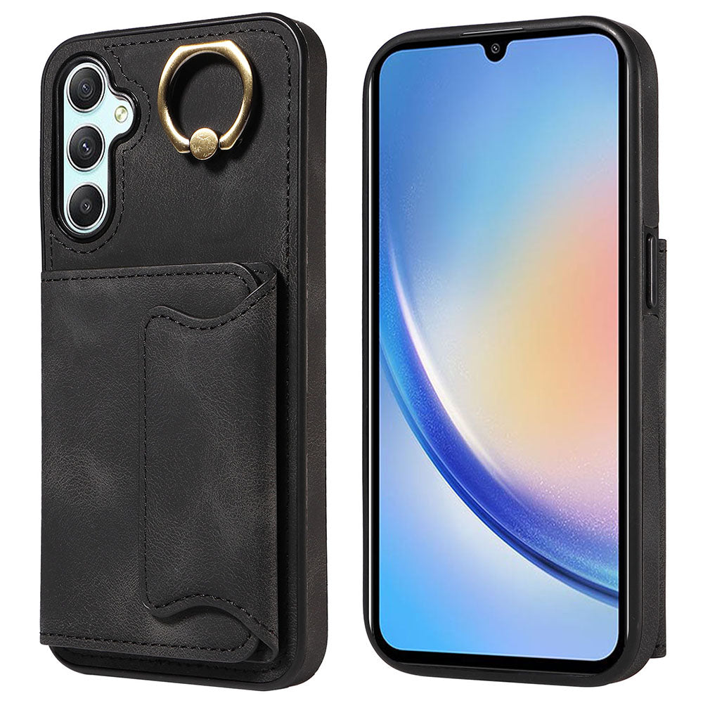 001 Pro Samsung Galaxy A34 5G PU kůže TPU kryt proti poškrábání Prsten kroužek Stojánek Držák karty Pouzdro na telefon