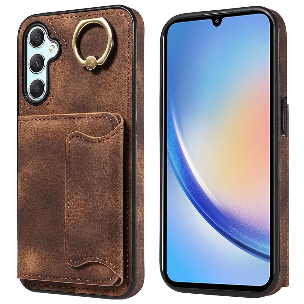 001 Pro Samsung Galaxy A34 5G PU kůže TPU kryt proti poškrábání Prsten kroužek Stojánek Držák karty Pouzdro na telefon