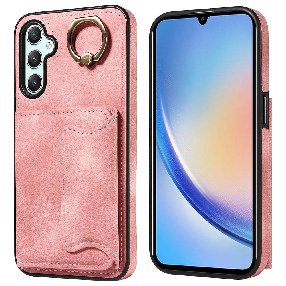 001 Pro Samsung Galaxy A34 5G PU kůže TPU kryt proti poškrábání Prsten kroužek Stojánek Držák karty Pouzdro na telefon