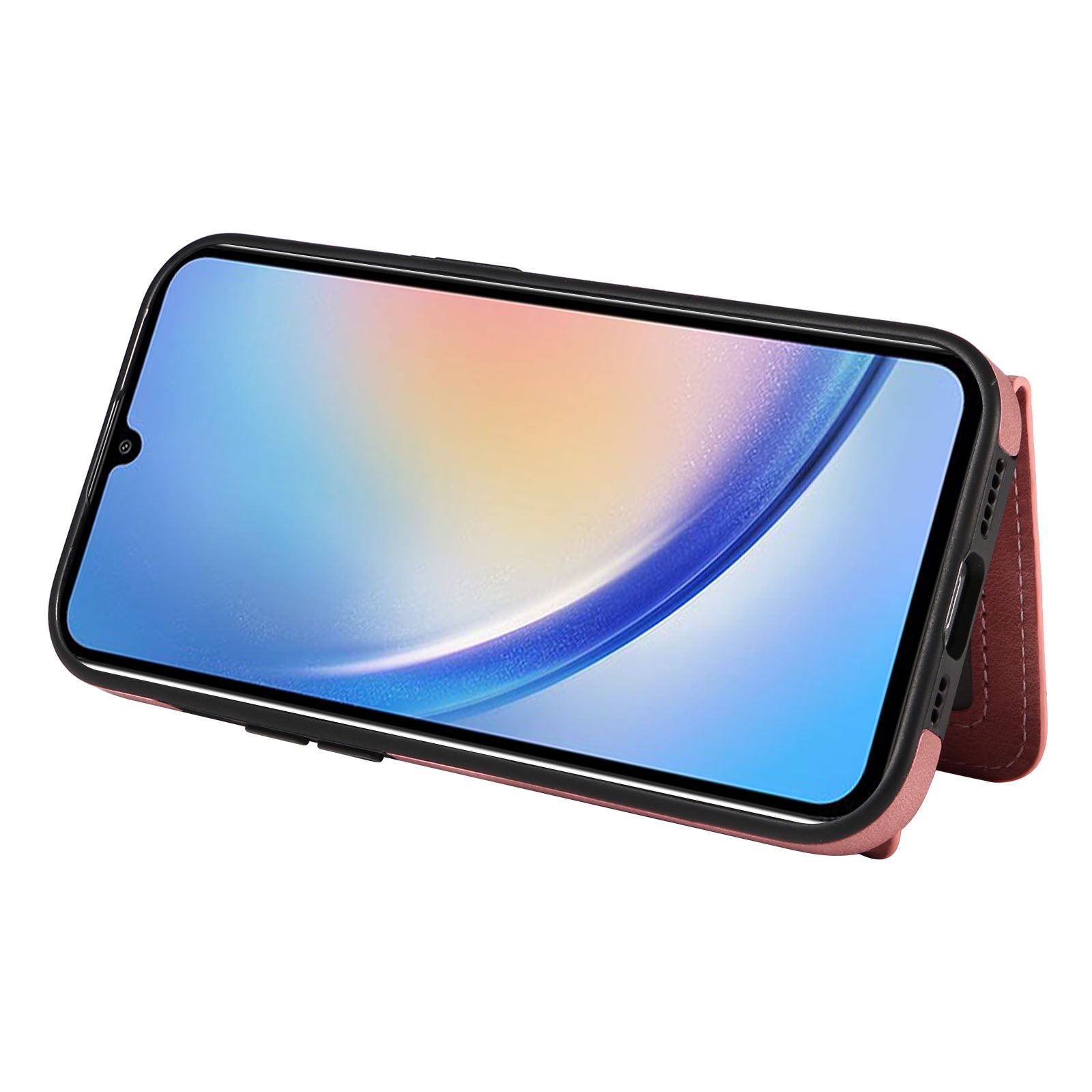 001 Pro Samsung Galaxy A34 5G PU kůže TPU kryt proti poškrábání Prsten kroužek Stojánek Držák karty Pouzdro na telefon