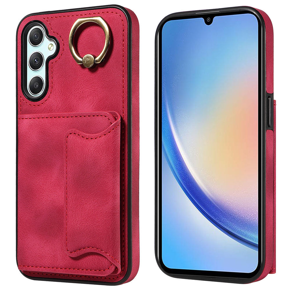 001 Pro Samsung Galaxy A34 5G PU kůže TPU kryt proti poškrábání Prsten kroužek Stojánek Držák karty Pouzdro na telefon