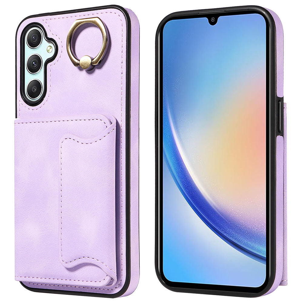 001 Pro Samsung Galaxy A34 5G PU kůže TPU kryt proti poškrábání Prsten kroužek Stojánek Držák karty Pouzdro na telefon