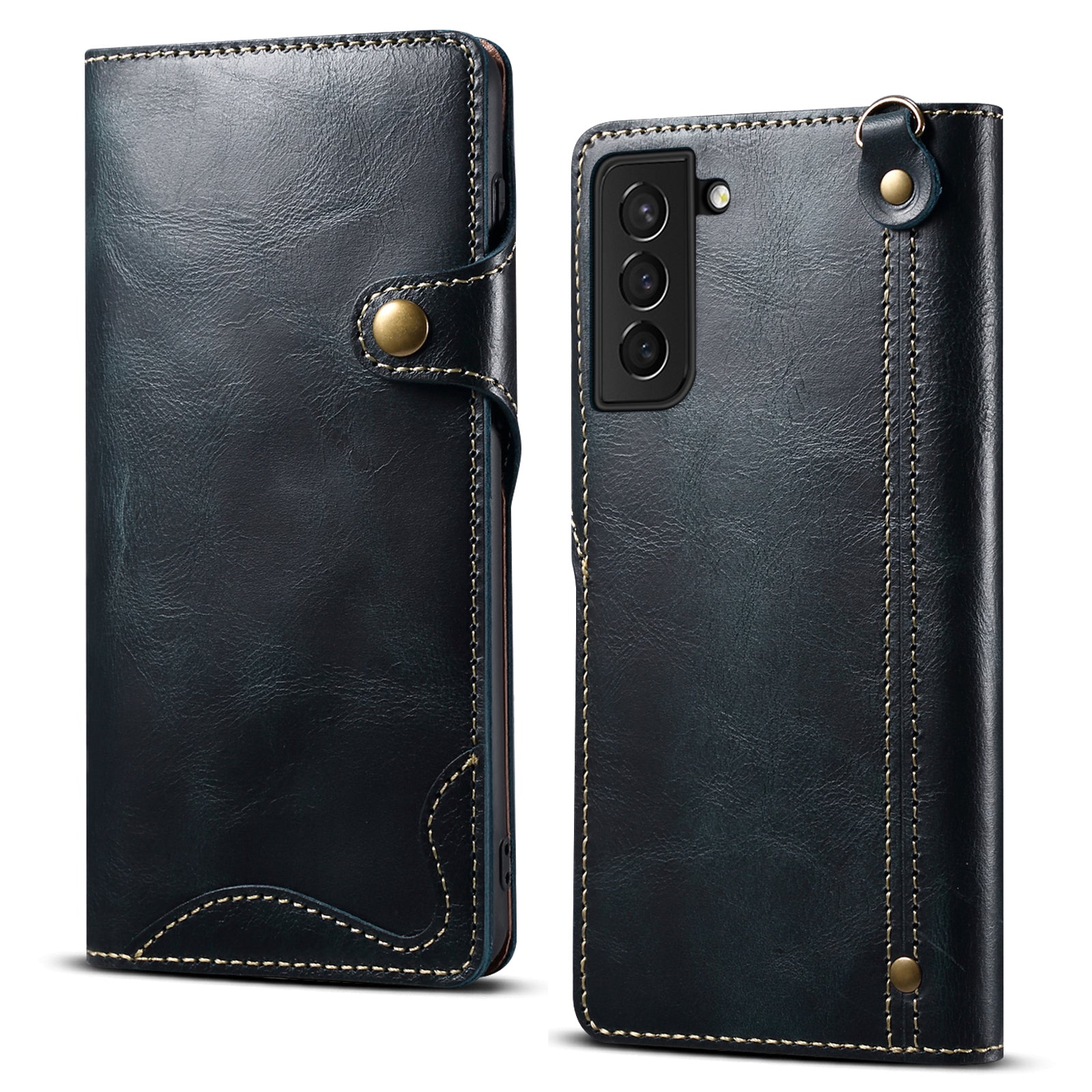 For Samsung Galaxy S23 FE Buckled Retro Oil Wax Genuine Cow Leather TPU Wallet Case Phone Cover