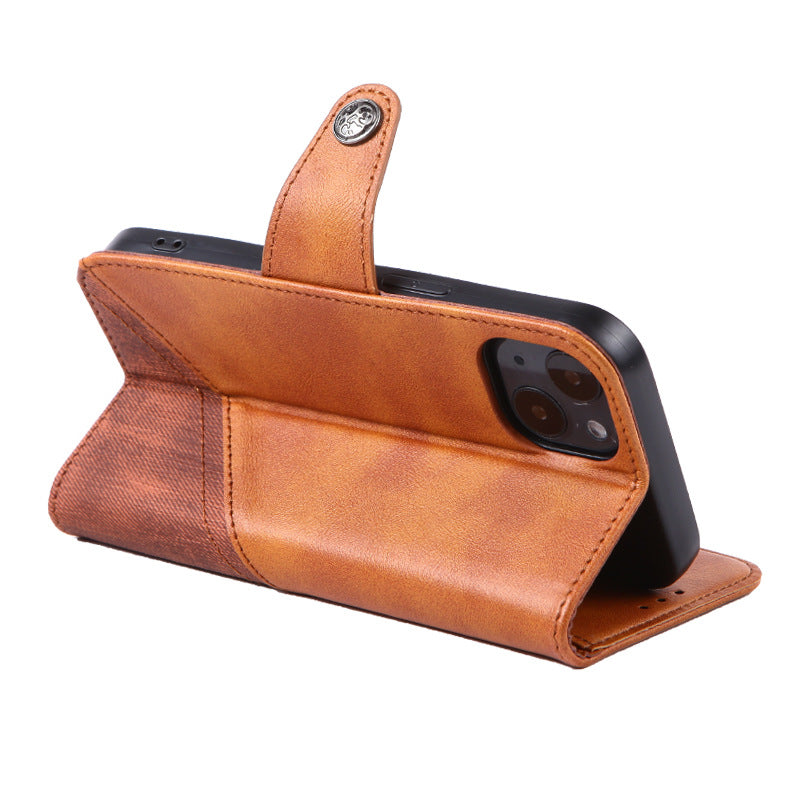 For iPhone 15 Anti-drop Crazy Horse Texture Splicing PU Leather Phone Case Stand Wallet Flip Cover
