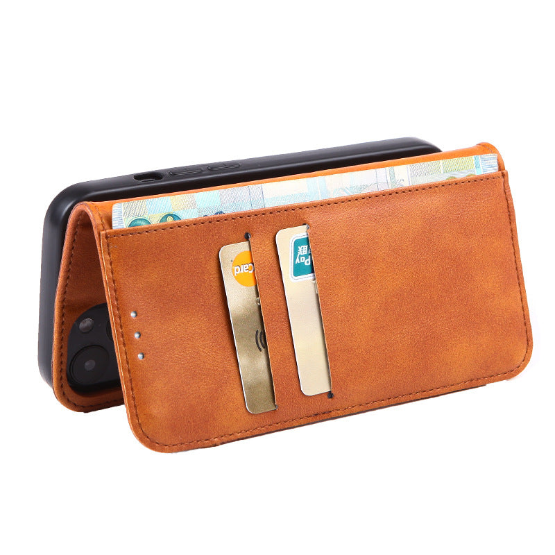 For iPhone 15 Anti-drop Crazy Horse Texture Splicing PU Leather Phone Case Stand Wallet Flip Cover
