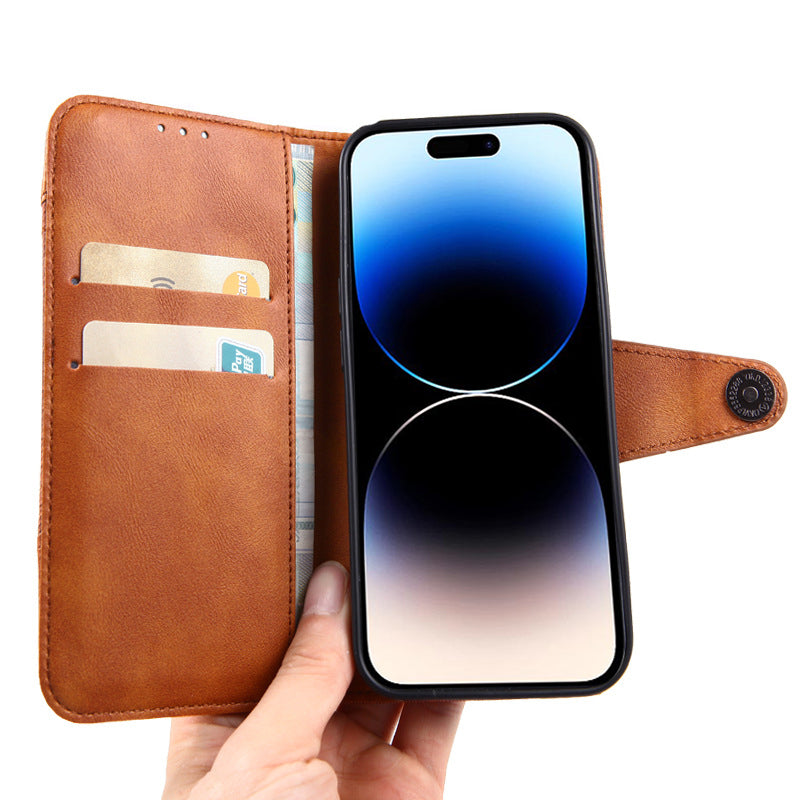 For iPhone 15 Anti-drop Crazy Horse Texture Splicing PU Leather Phone Case Stand Wallet Flip Cover