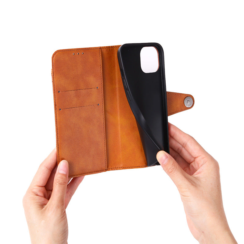 For iPhone 15 Anti-drop Crazy Horse Texture Splicing PU Leather Phone Case Stand Wallet Flip Cover