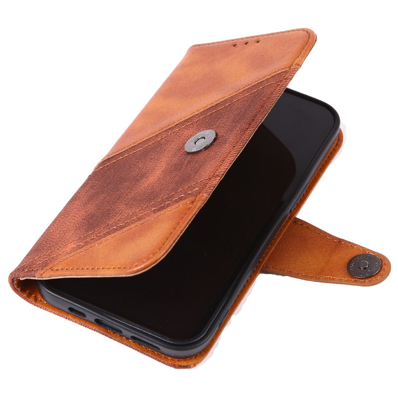 For iPhone 15 Anti-drop Crazy Horse Texture Splicing PU Leather Phone Case Stand Wallet Flip Cover
