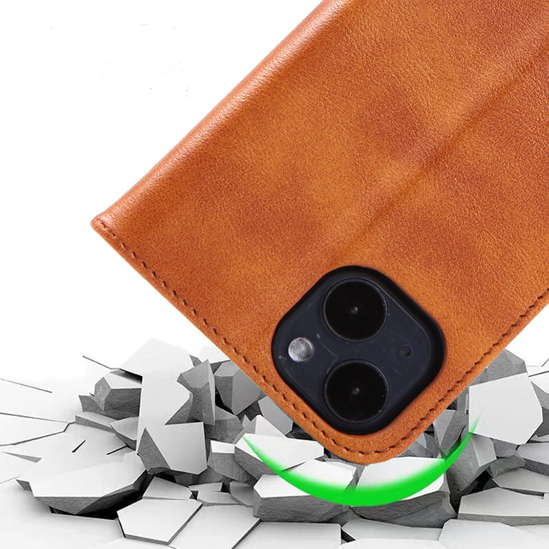 For iPhone 15 Anti-drop Crazy Horse Texture Splicing PU Leather Phone Case Stand Wallet Flip Cover