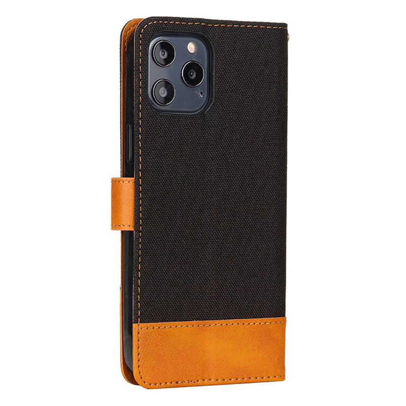 For iPhone 15 Pro Max Stand Wallet Flip Cover Calf Texture PU Leather Canvas TPU Phone Case