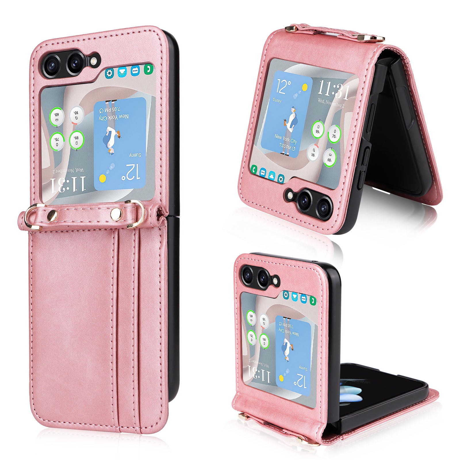 For Samsung Galaxy Z Flip5 5G PU Leather Card Holder Case One-piece Design Shockproof Phone Cover with Lanyard