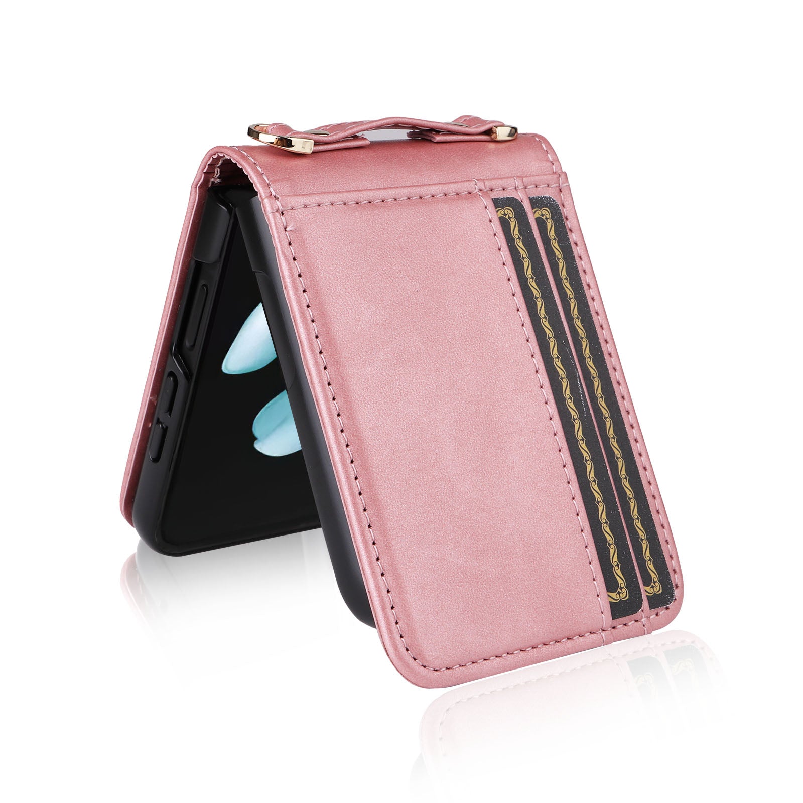 For Samsung Galaxy Z Flip5 5G PU Leather Card Holder Case One-piece Design Shockproof Phone Cover with Lanyard