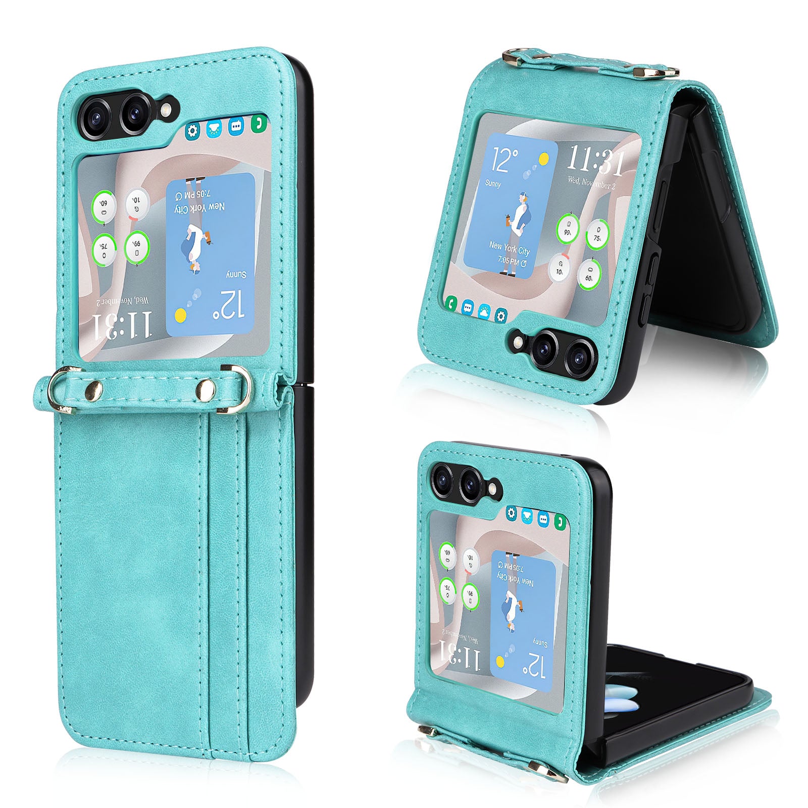 For Samsung Galaxy Z Flip5 5G PU Leather Card Holder Case One-piece Design Shockproof Phone Cover with Lanyard