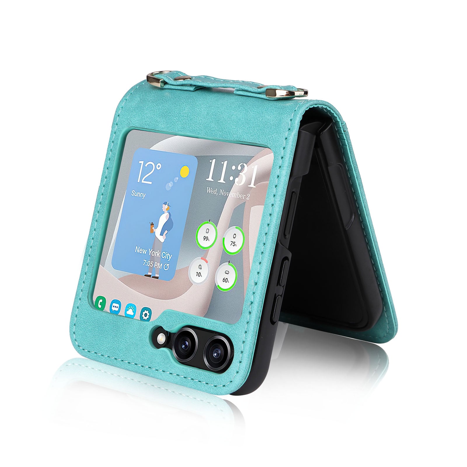 For Samsung Galaxy Z Flip5 5G PU Leather Card Holder Case One-piece Design Shockproof Phone Cover with Lanyard