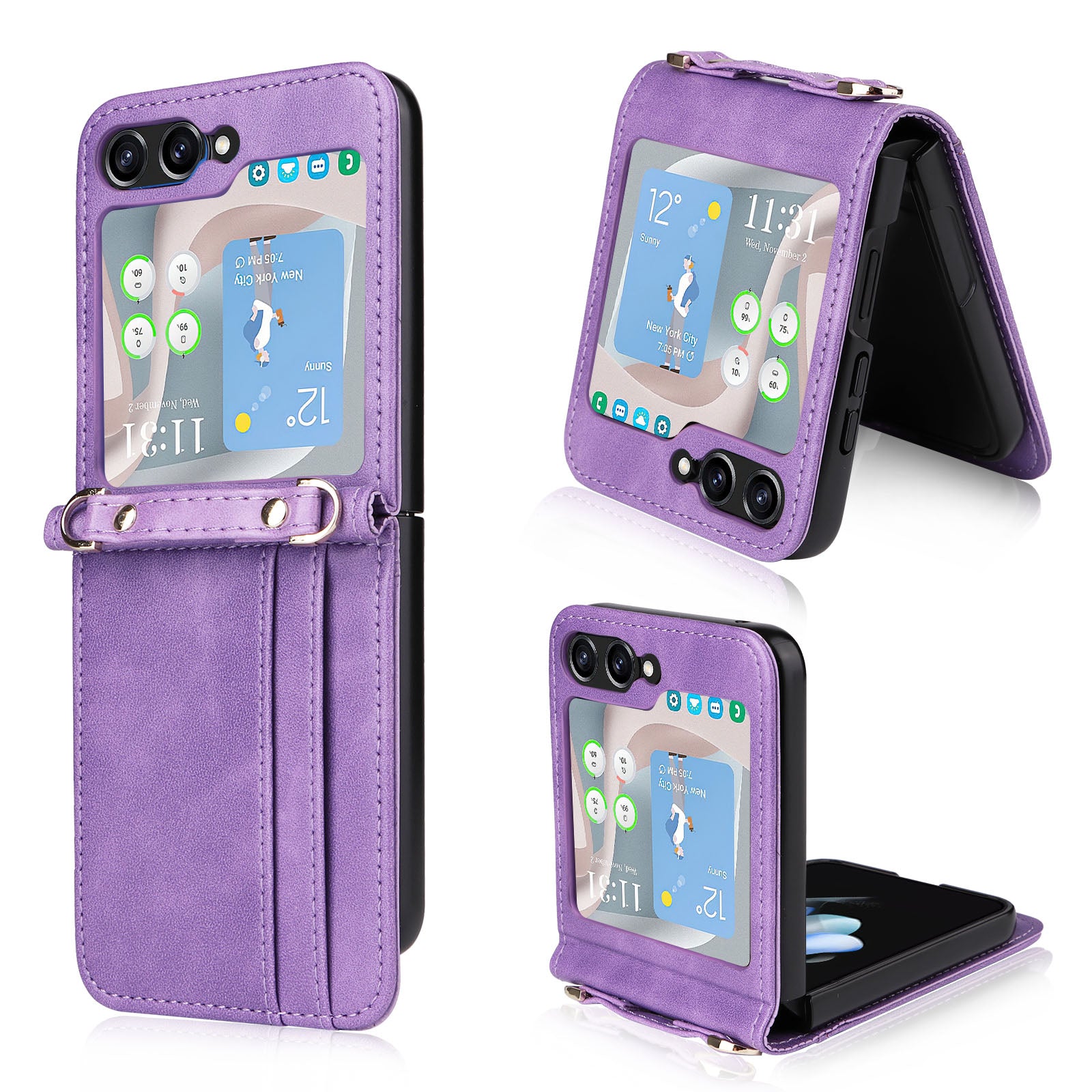 For Samsung Galaxy Z Flip5 5G PU Leather Card Holder Case One-piece Design Shockproof Phone Cover with Lanyard