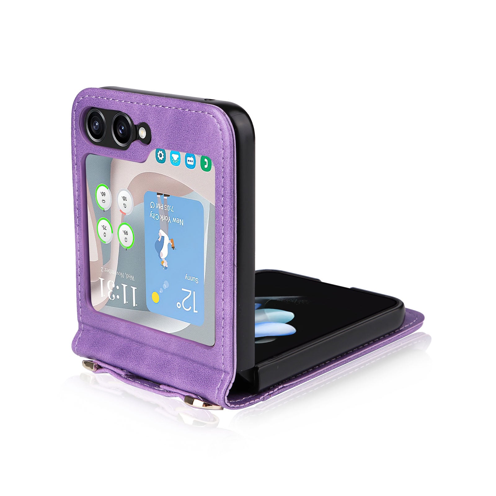 For Samsung Galaxy Z Flip5 5G PU Leather Card Holder Case One-piece Design Shockproof Phone Cover with Lanyard