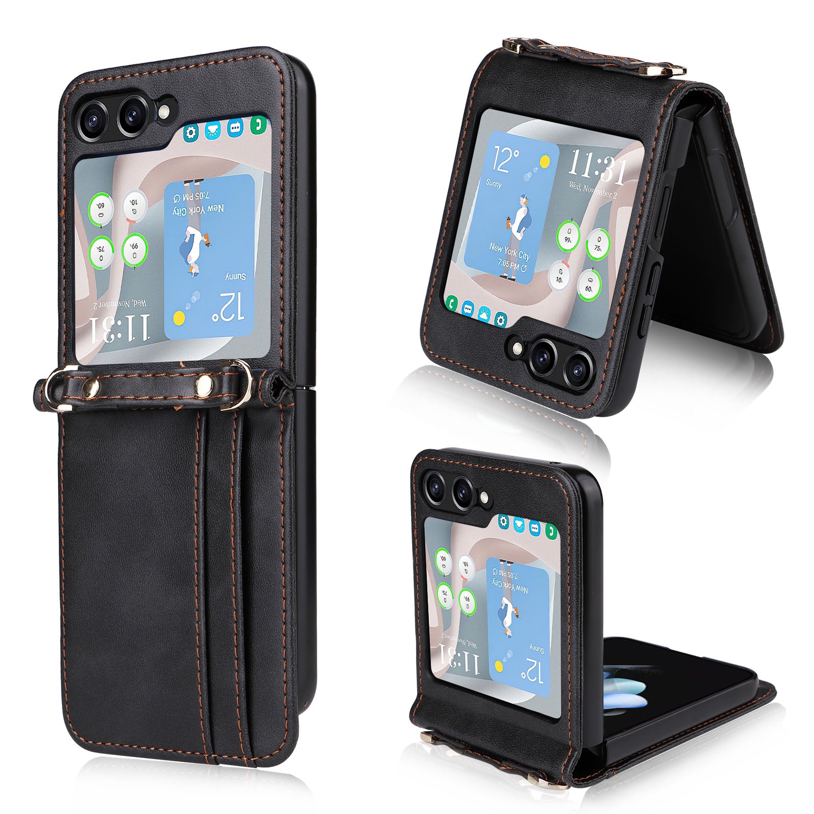 For Samsung Galaxy Z Flip5 5G PU Leather Card Holder Case One-piece Design Shockproof Phone Cover with Lanyard