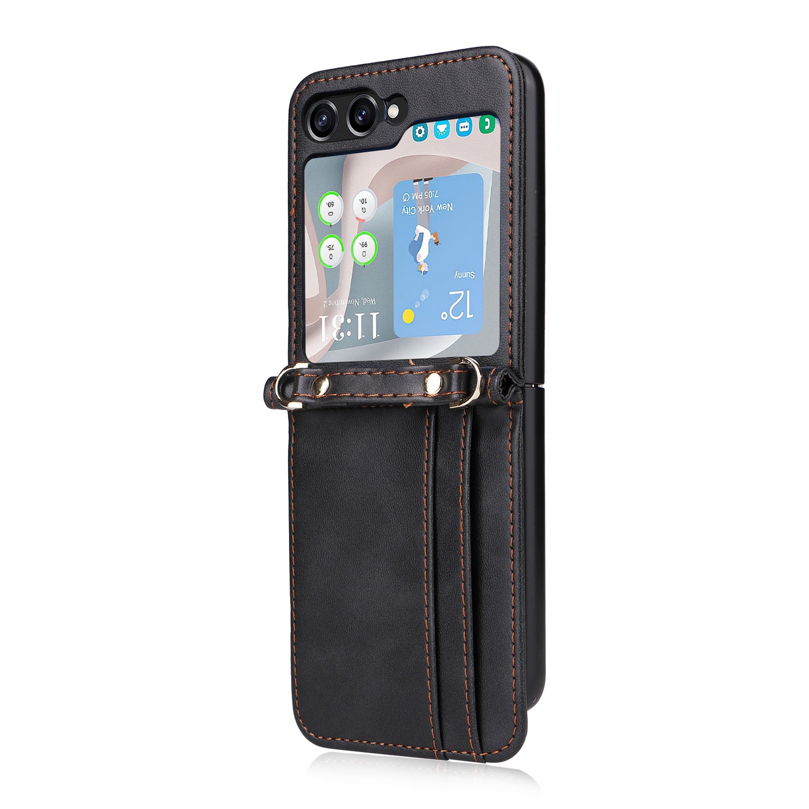 For Samsung Galaxy Z Flip5 5G PU Leather Card Holder Case One-piece Design Shockproof Phone Cover with Lanyard