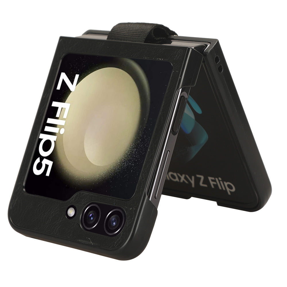 For Samsung Galaxy Z Flip5 5G Protective Phone Case PU Leather Coated PC Cover with Finger Ring Holder