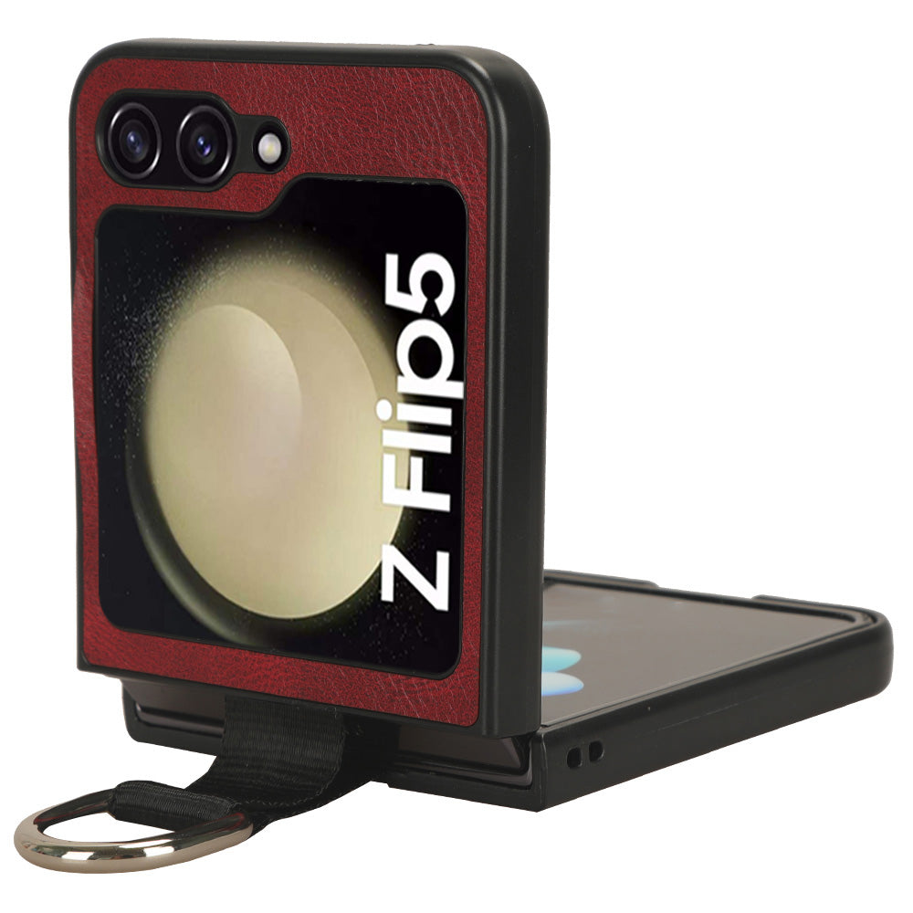 For Samsung Galaxy Z Flip5 5G Protective Phone Case PU Leather Coated PC Cover with Finger Ring Holder