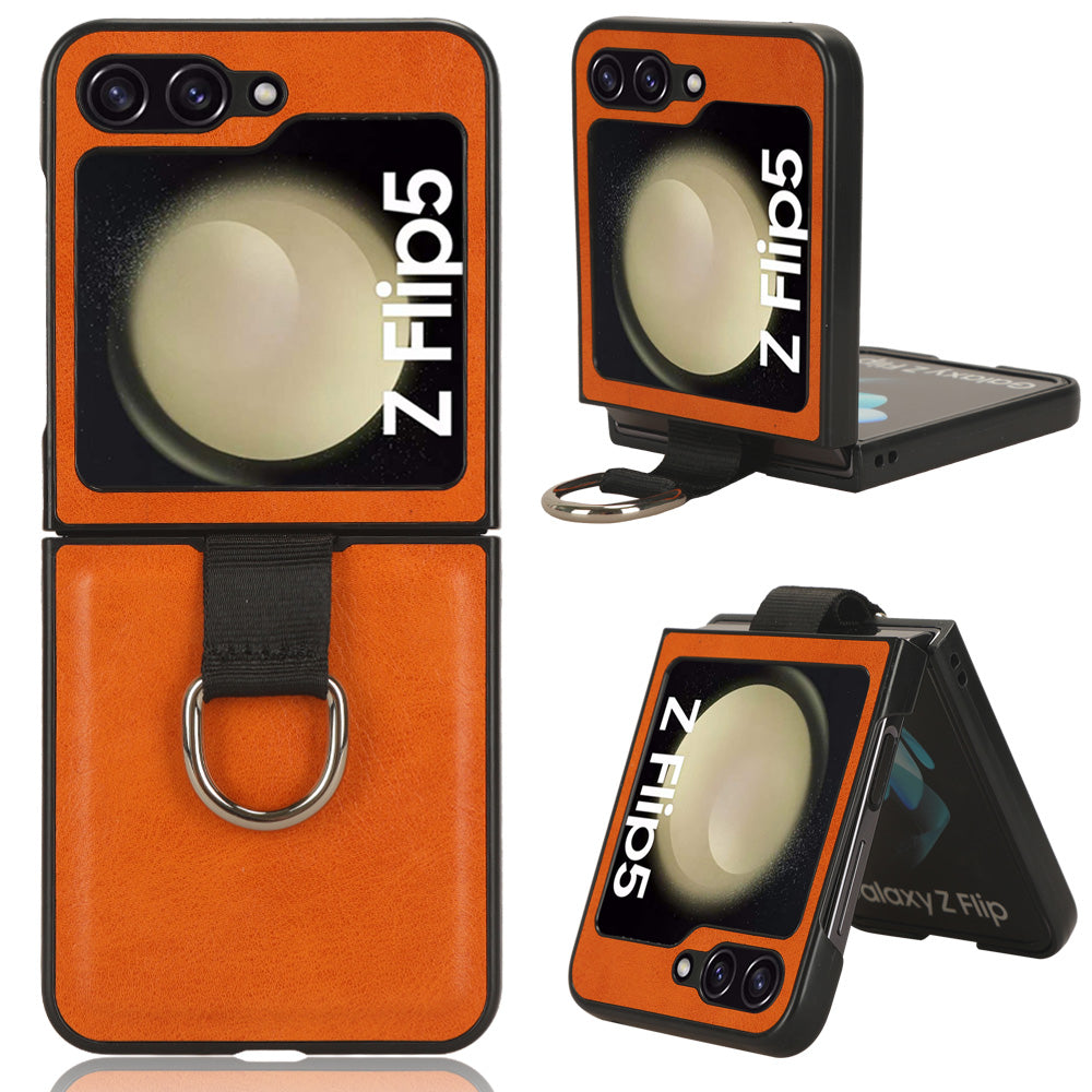For Samsung Galaxy Z Flip5 5G Protective Phone Case PU Leather Coated PC Cover with Finger Ring Holder