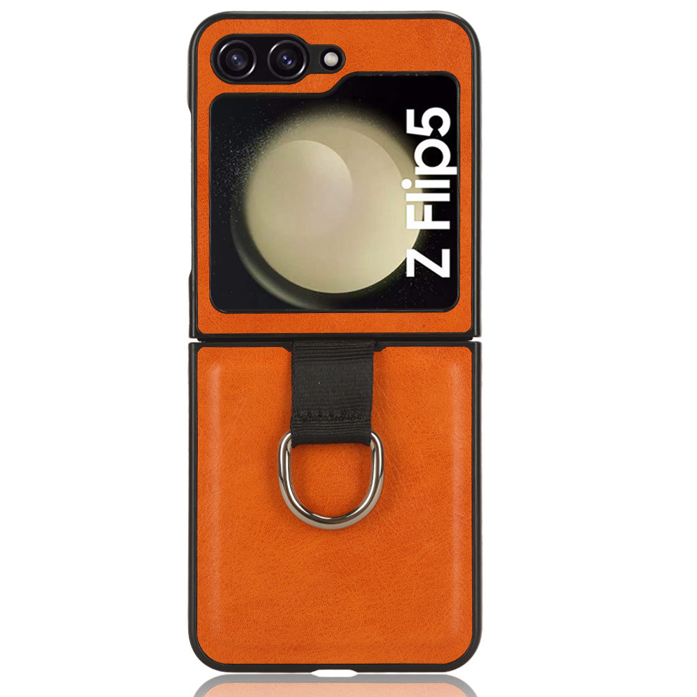 For Samsung Galaxy Z Flip5 5G Protective Phone Case PU Leather Coated PC Cover with Finger Ring Holder