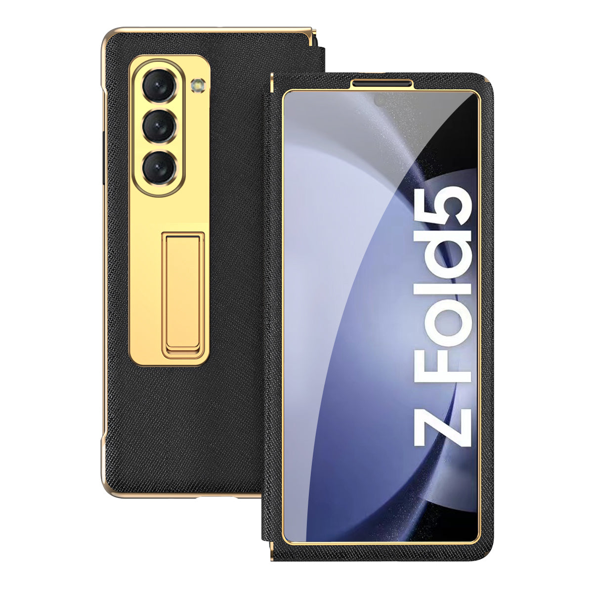 For Samsung Galaxy Z Fold5 5G PU Leather PC Electroplating Phone Case Cross Texture Kickstand Cover with Front Screen Film
