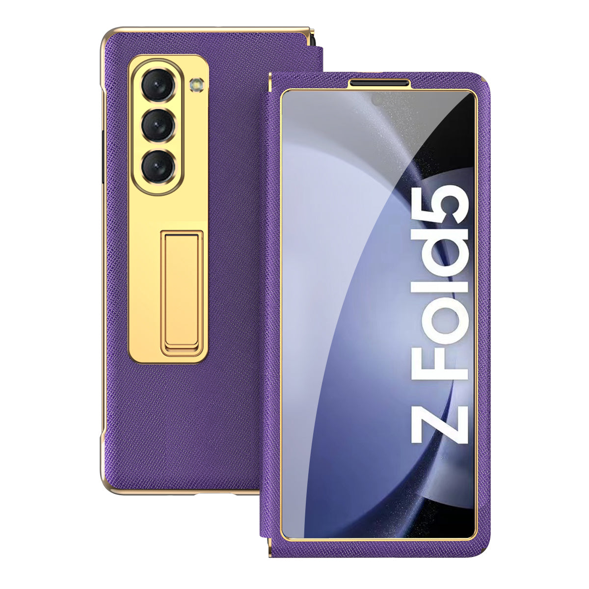 For Samsung Galaxy Z Fold5 5G PU Leather PC Electroplating Phone Case Cross Texture Kickstand Cover with Front Screen Film